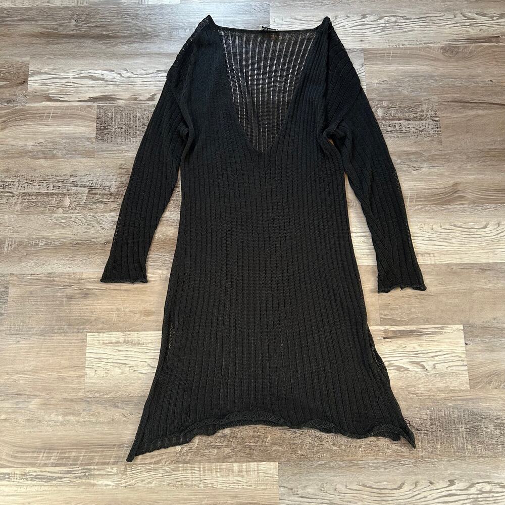Vintage 90s Paola Tardesco Black Sheer Ribbed Knit Dress Deep V Made in Italy